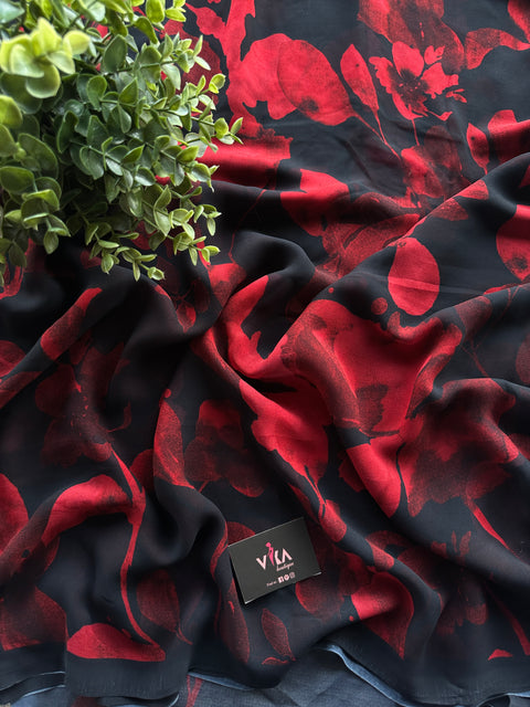 Black and red Floral printed georgette saree