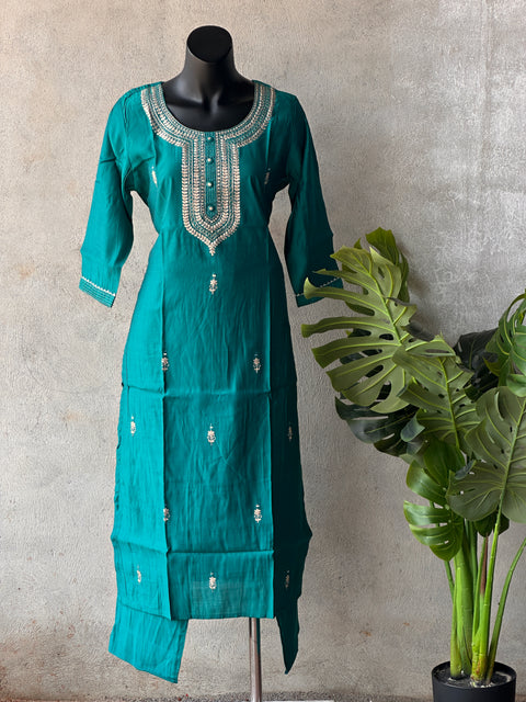 Emb Roman silk kurti pant set