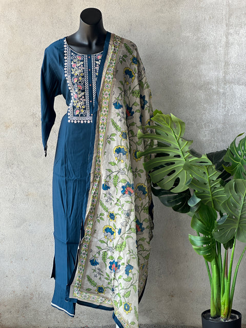 Neck embroidery Roman silk suit set