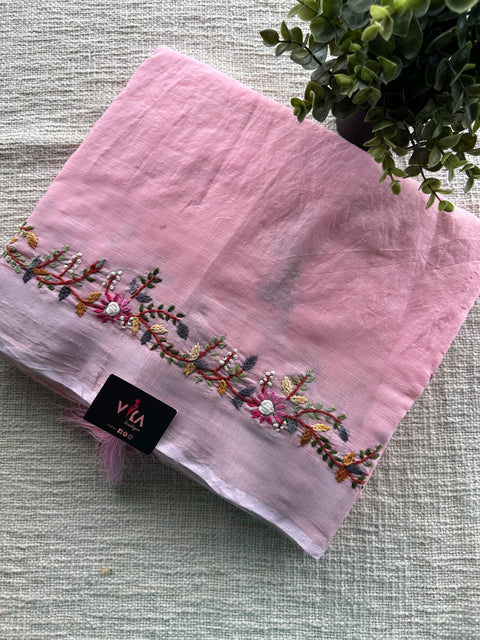 Hand embroidery cotton saree - Pink