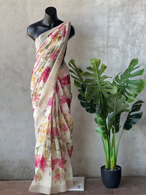 Digital Floral Printed Silk Linen saree