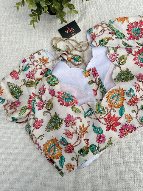 white colourful floral emb silk blouse