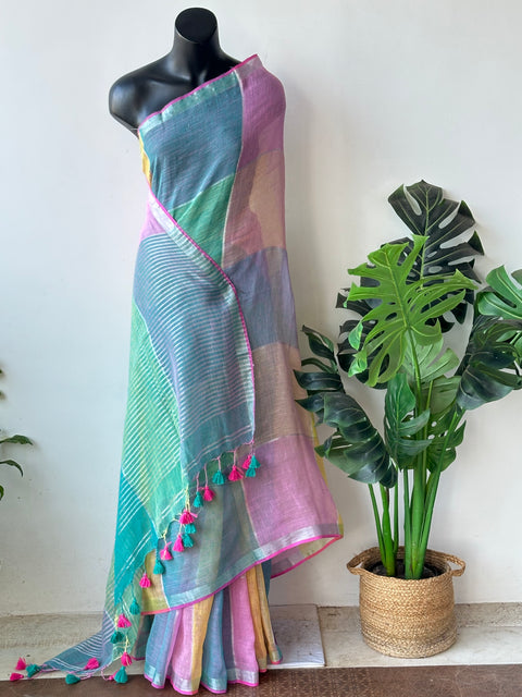 Multicolour cotton linen saree