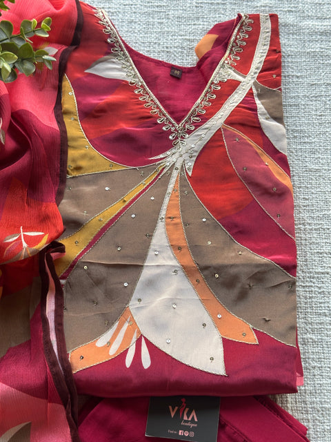 V neck multi colour crepe silk ready set