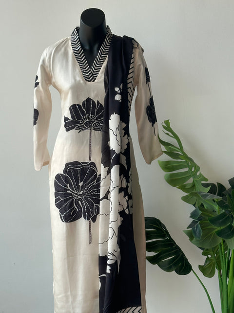 Offwhite and black russian silk kurti pant set