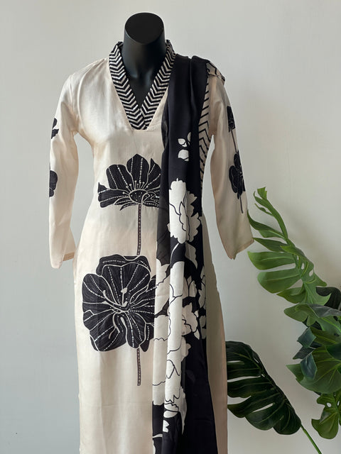 Offwhite and black russian silk kurti pant set