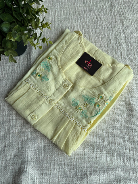 Neck emb Crush cotton nighty-yellow