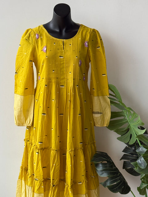 Musturd jamdani cotton layered gown