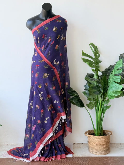 Printed pure linen silk saree