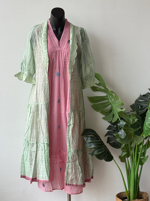 Pink cotton gown with mint green shrug