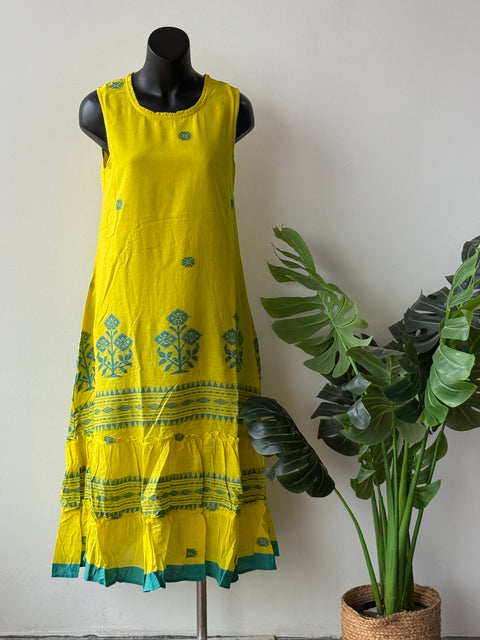 Yellow Blue jamdhani gown with shrug