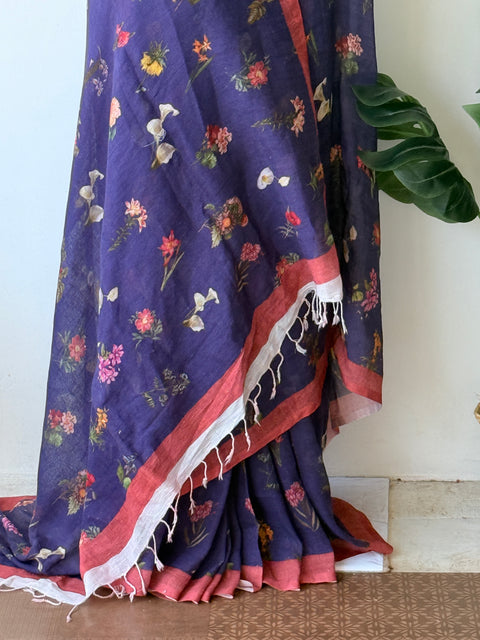 Printed pure linen silk saree