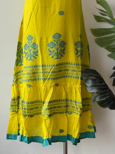 Yellow Blue jamdhani gown with shrug