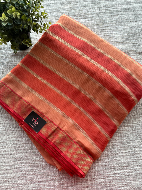 Peach orange striped chiffon saree