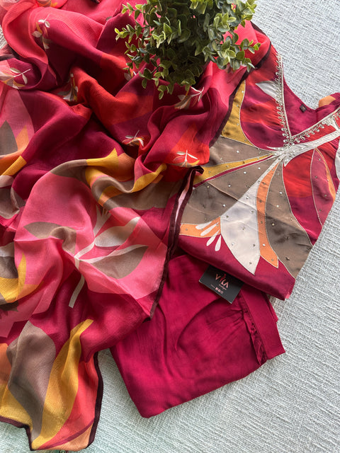 V neck multi colour crepe silk ready set