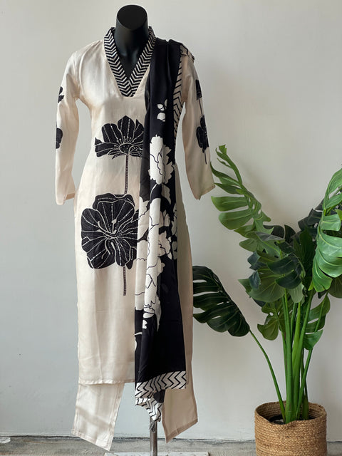 Offwhite and black russian silk kurti pant set