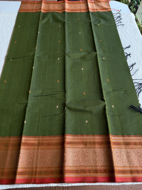 Mahendi green with brown Chettinad Cotton saree