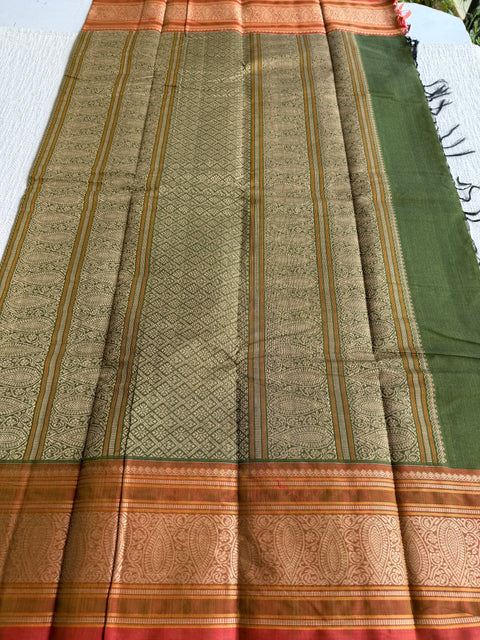 Mahendi green with brown Chettinad Cotton saree