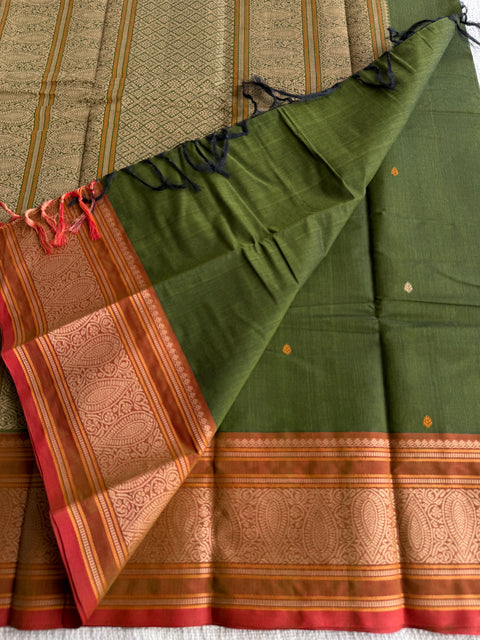 Mahendi green with brown Chettinad Cotton saree