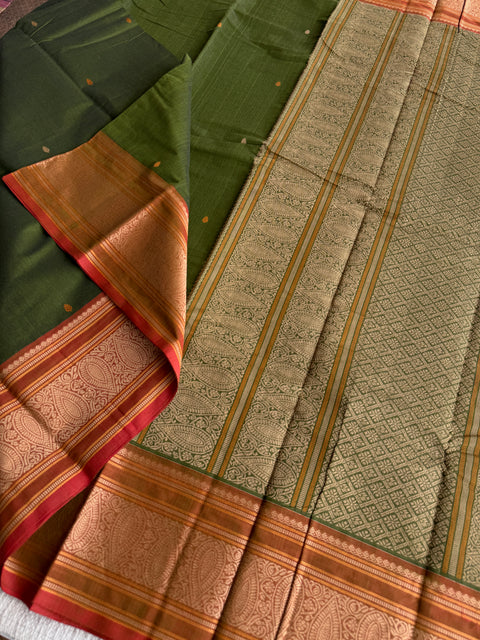 Mahendi green with brown Chettinad Cotton saree