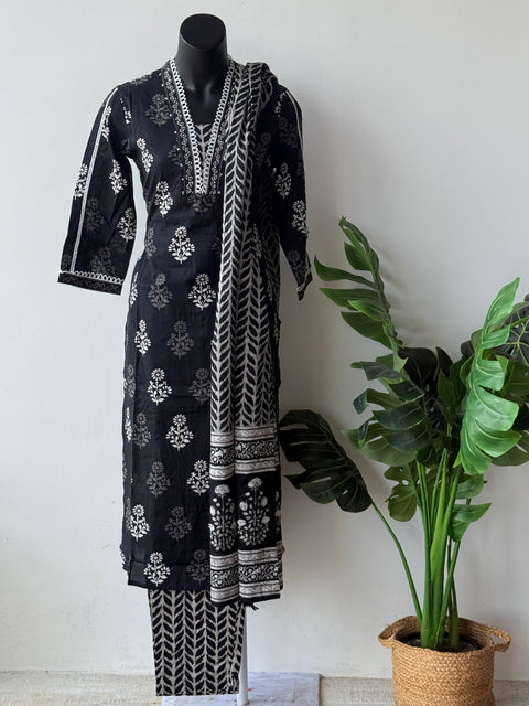 Black Printed cotton kurta pant set