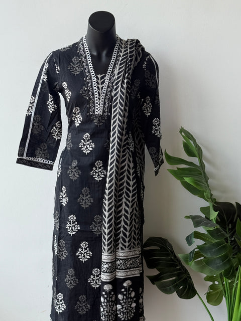 Black Printed cotton kurta pant set