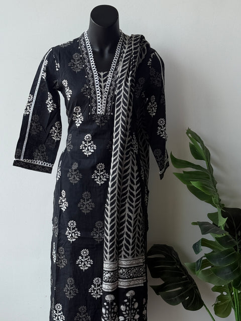 Black Printed cotton kurta pant set
