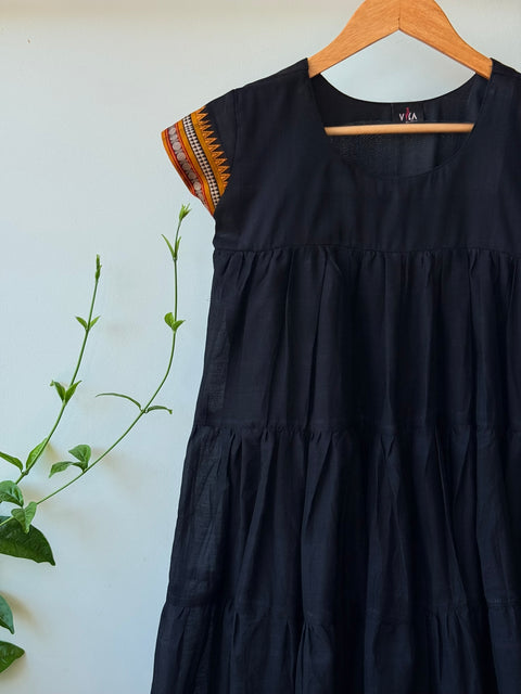 Calf length Black cotton Flared Gown
