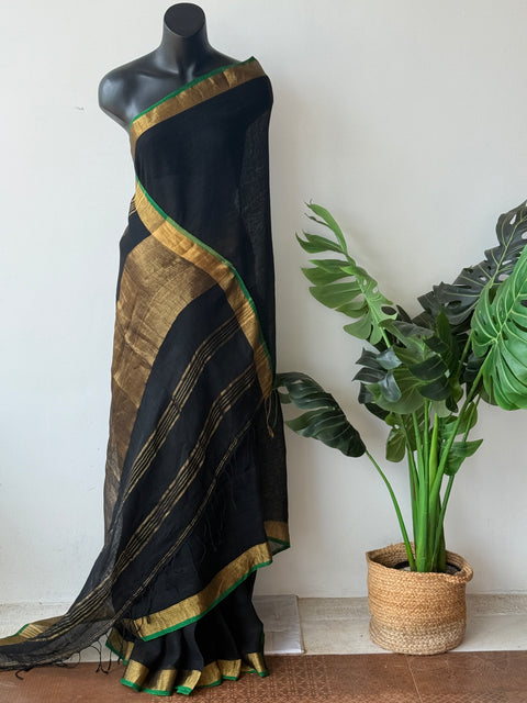 Black with green pure linen saree