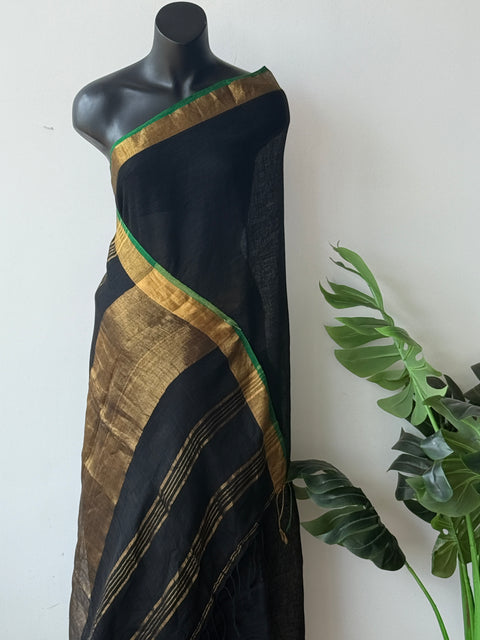 Black with green pure linen saree