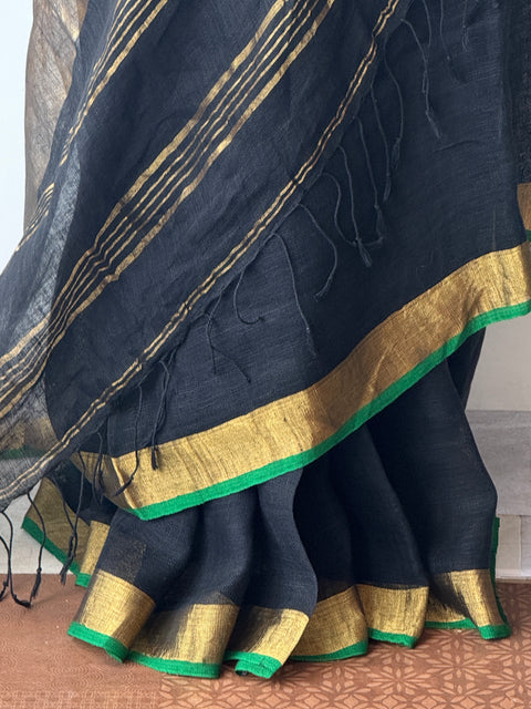 Black with green pure linen saree