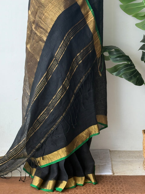 Black with green pure linen saree