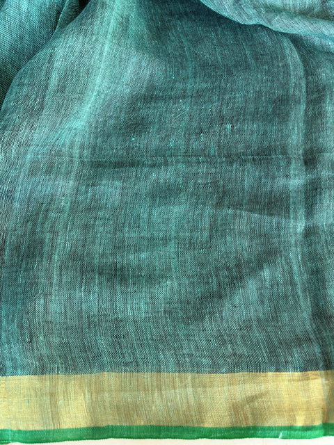 Black with green pure linen saree