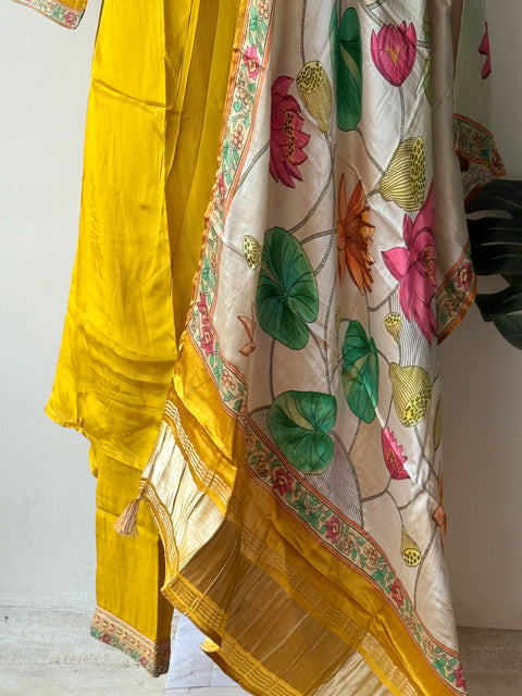 Musturd yellow Russian silk kurti pant set