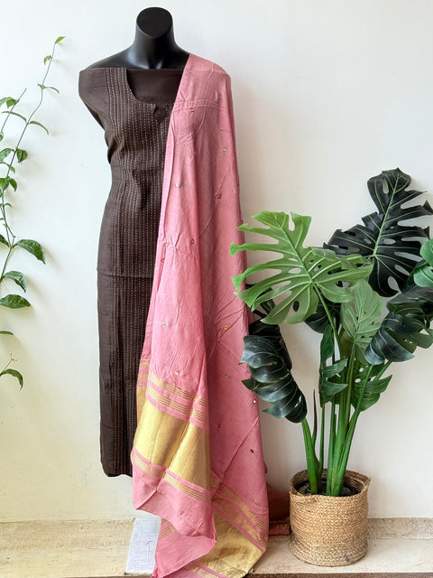 Contrast mirror work silk Dupatta with silk cotton top