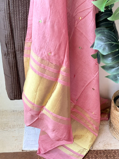 Contrast mirror work silk Dupatta with silk cotton top