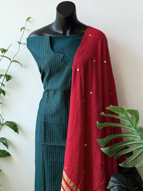 Contrast mirror work silk Dupatta with silk cotton top