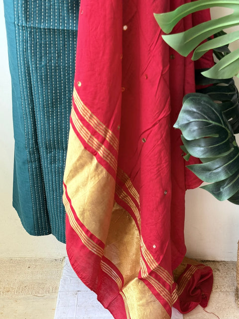 Contrast mirror work silk Dupatta with silk cotton top