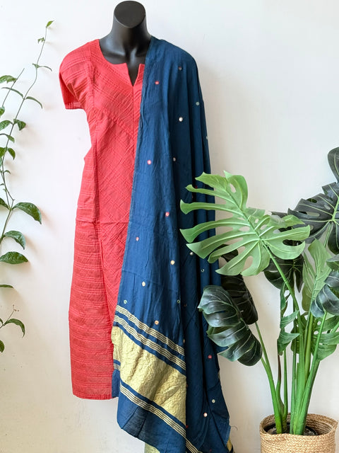 Contrast mirror work silk Dupatta with silk cotton top