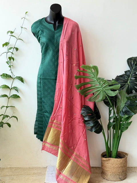 Contrast mirror work silk Dupatta with silk cotton top