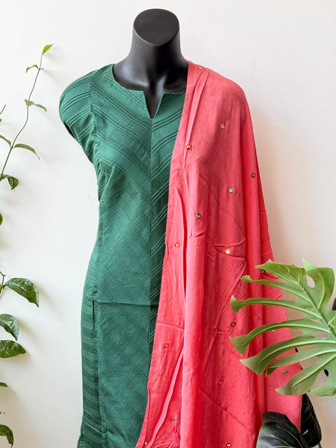 Contrast mirror work silk Dupatta with silk cotton top