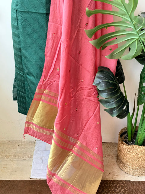 Contrast mirror work silk Dupatta with silk cotton top