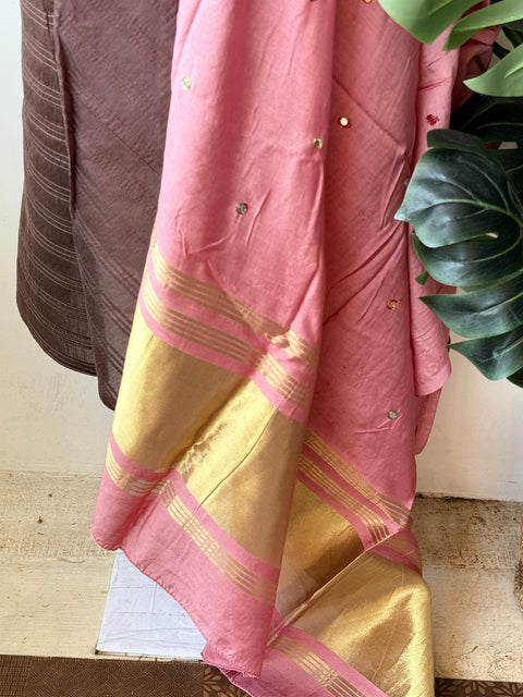 Contrast mirror work silk Dupatta with silk cotton top