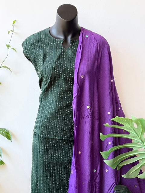 Contrast mirror work silk Dupatta with silk cotton top