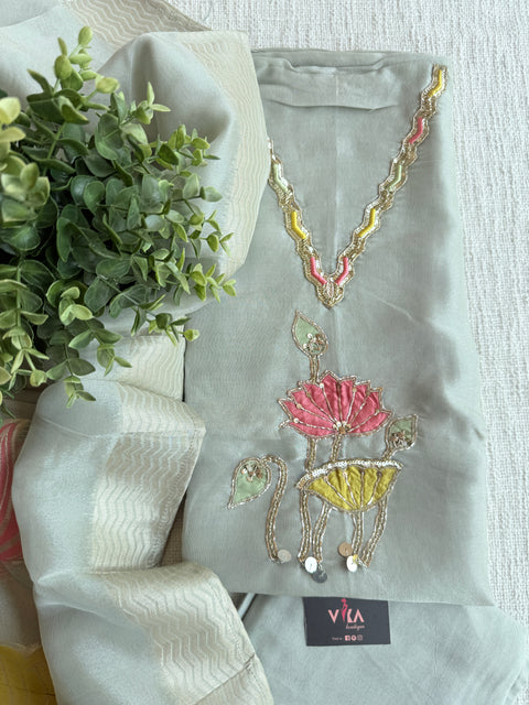 Floral emb Tissue silk suit material