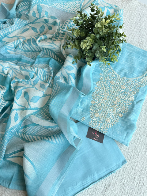 Neck emb silk cotton suit material
