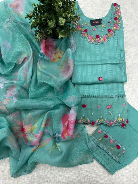 Readymade cotton salwar suit set - Cyan