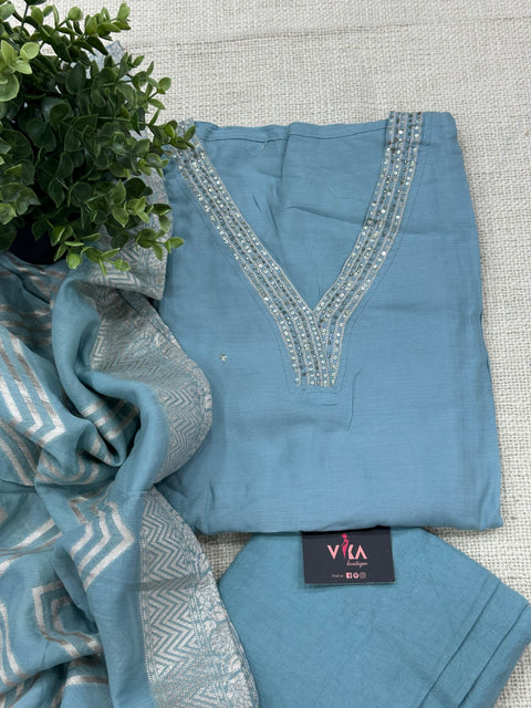 V neck sequins work muslin salwar material