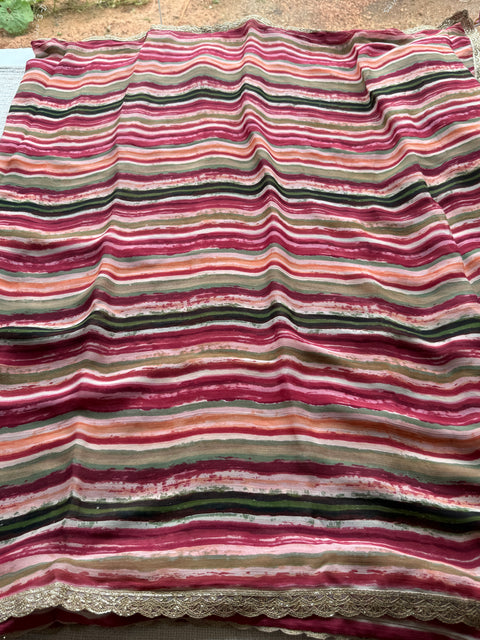 Multi stripes printed georgette saree