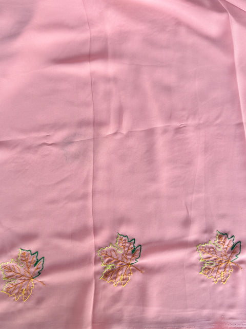 Peach maple leaf emb georgette saree